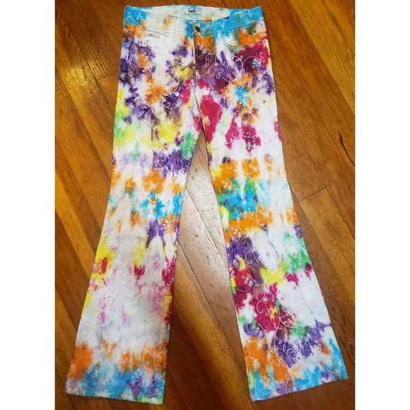 Vintage Rare l.e.i. Rainbow Tie Dye Embroidered Jeans Pants 7 - Picture 1 of 3